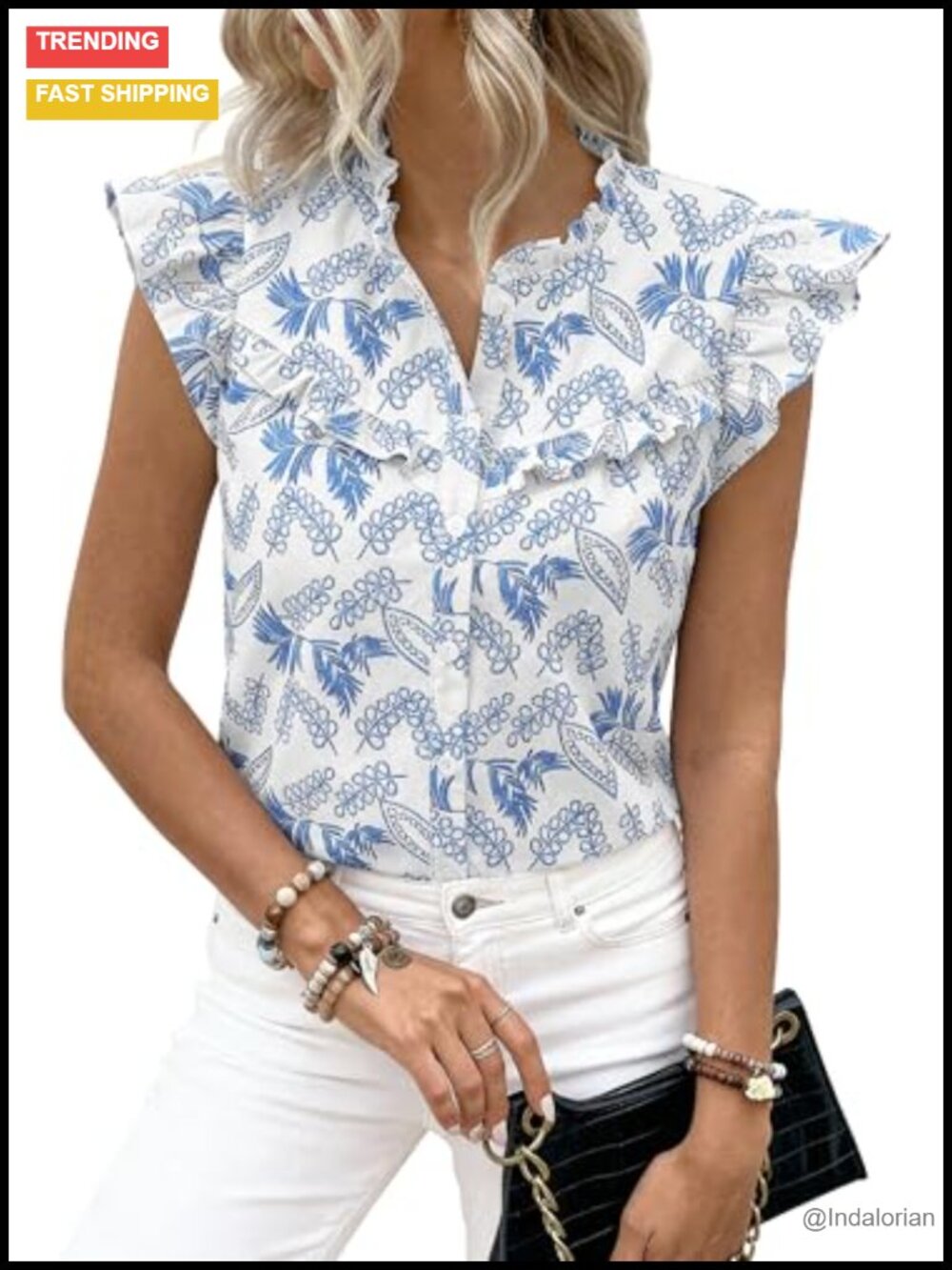 dowerme Womens Cotton Button Down Blouse Ruffle Cap Sleeve V Neck Work Top